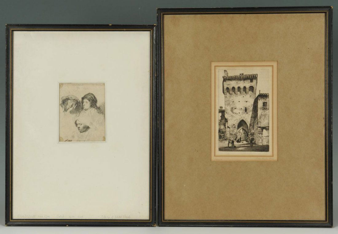 2 Etchings: 1 by J.T. Arms and 1 after Rembrandt: Etchings by John Taylor Arms and after Rembrandt. (1) John Taylor Arms (American, 1887-1953) etching, 'Lescure", village scene, pencil signed and dated, 1928, lower right. Sight: 7" x 4-1/2". Frame: 1