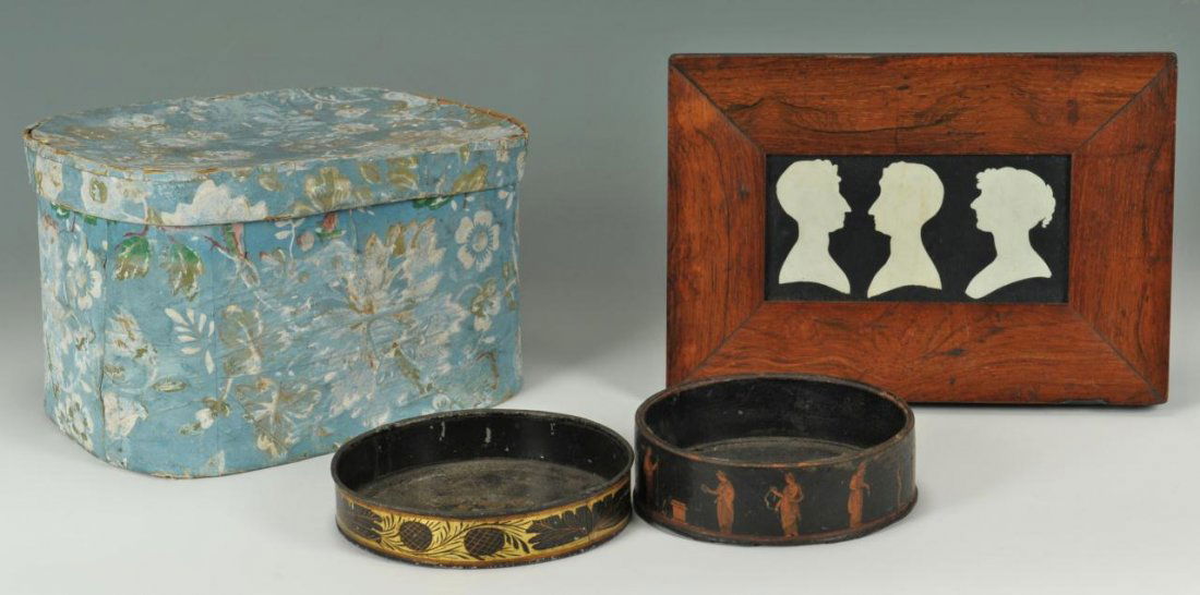 19th C. Silhouette, Wine Coasters, Hat Box: Item 1: American school white paper silhouette of three profiles (two men, one woman) on black background. Period wood frame, possibly original. 2-7/8"H x 5-3/4"W sight, 7" x 9-1/2" framed. 19th centu