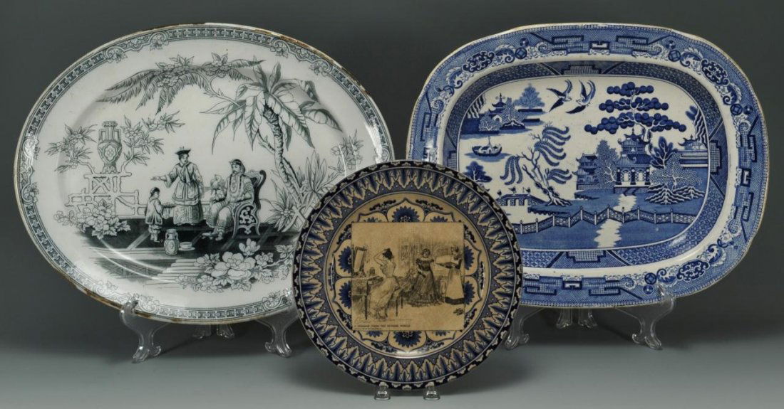 Two Staffordshire Platters and a Gibson Girl Plate: 1st item: Royal Doulton Gibson Girl Plate, blue stylized acanthus leaf border, with central transfer, "A Message from the Outside World", from a series of plates by Charles Gibson showing developments
