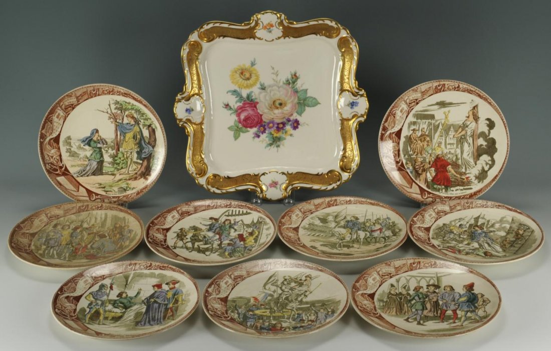 Grouping of European Porcelain, 10 pcs.: Grouping of European porcelain, 10 pieces. Includes a Lindner Bavarian porcelain plate with floral transfer decoration and a gilt shaped border, 13" H x 13" H, and nine (9) Sarreguemines porcelain pla