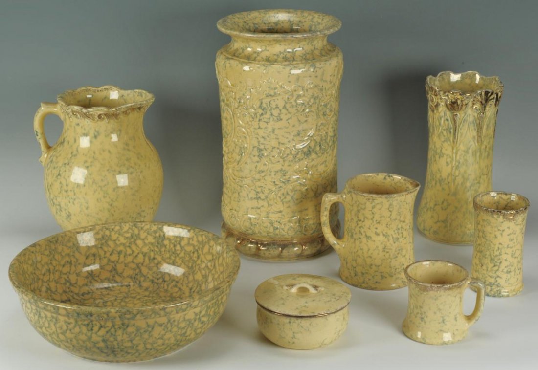 8 Pieces Of Yellow Sponge Ware: 8 pcs of yellow sponge ware, including large vase with gilding on base, flower vase with gilt flower decoration, milk pitcher, small vase with gilt decoration around rim, covered sugar, mug, large pit
