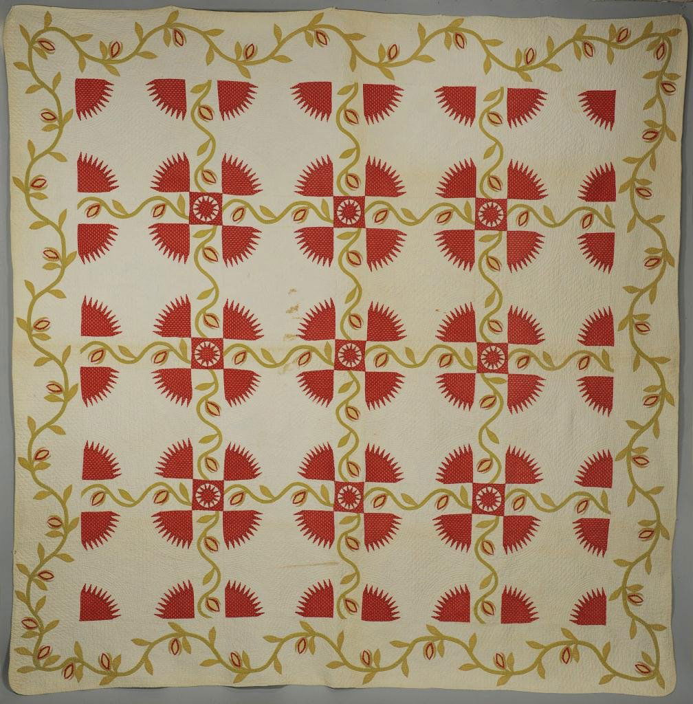 East TN Quilt, New York Beauty Variant: East Tennessee pieced cotton quilt, New York Beauty variant, turkey red and green colors with a floral and vine border. Very fine stitching with rounded corners. Purchased in Sullivan County, Tennesse