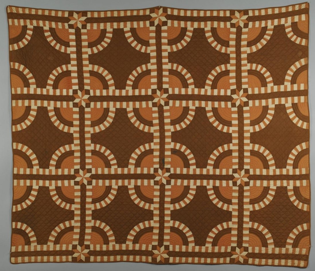 19th C. Middle TN Quilt, New York Beauty Variant: Middle Tennessee cotton pieced quilt, New York Beauty pattern variant, brown (originally green), dark orange and cream colors. Descended from the Bigham family of Marshall County. 84 1/2" x 73". Circa