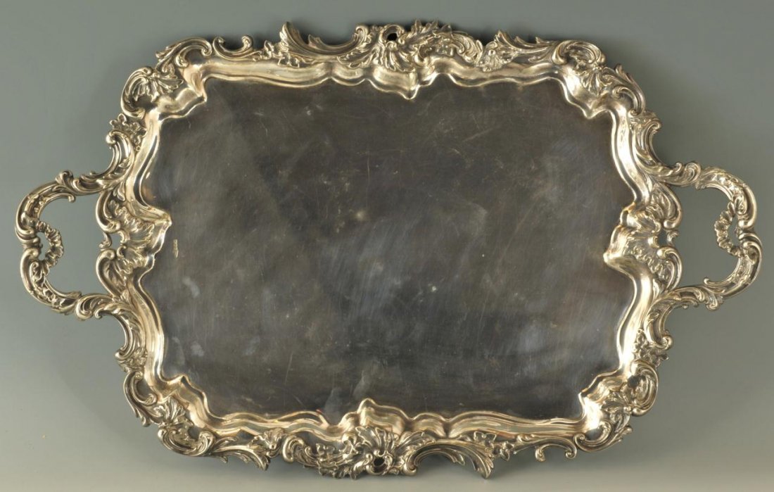 Large Victorian Silver plated Tray, Walker & Hall: Large Victorian silverplate tray with a Rococo style border. Pennant mark (1892) for Walker & Hall, Sheffield, England. 30" W x 19". Late 19th/Early 20th century.