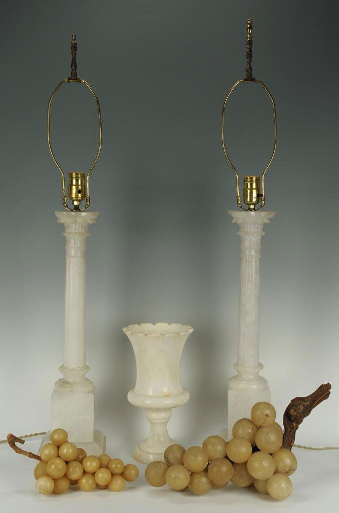 Grouping of Alabaster Items, 5 total: Grouping of Alabaster Items, 5 total. 1st item - Pair of alabaster column table lamps. 33 1/4" H(to tip of harp). 2nd item - Alabaster urn with ruffled rim. 10 1/2" H. 3rd & 4th items - Two alabaster