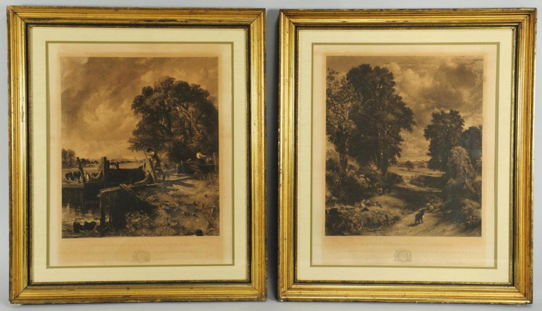 After John Constable, Pair landscape Engravings: Pair of Gilt Gesso Framed Landscape Engravings, after John Constable, engraved by David Lucas. Plate size: 22-1/4 x 19-1/4, Frame: 36" H x 31" W