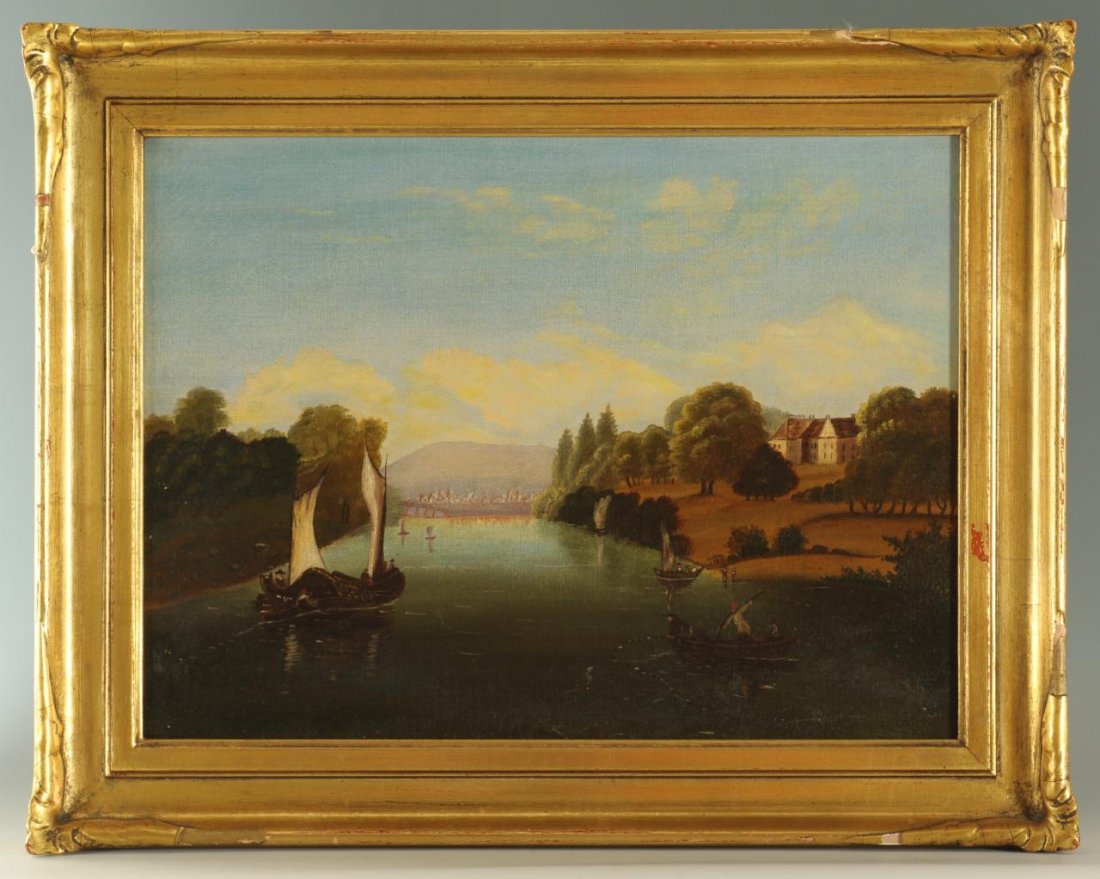 Hudson River School Oil on Canvas: Oil on canvas landscape, Hudson River School, depicting a river scene with boats and men fishing in the foreground, landscape with a mansion in the mid ground, and mountains and a town in the backgrou