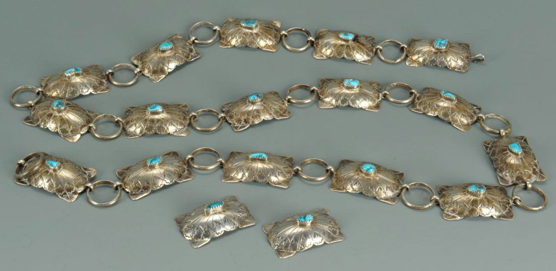 Navajo sterling and turquoise belt and earrings: Native American, probably Navajo concho belt with rectangular engraved silver links studded with small turquoise oval stones (16 in all), marked A.J. Sterling, 36"L. Matching earrings are unmarked but
