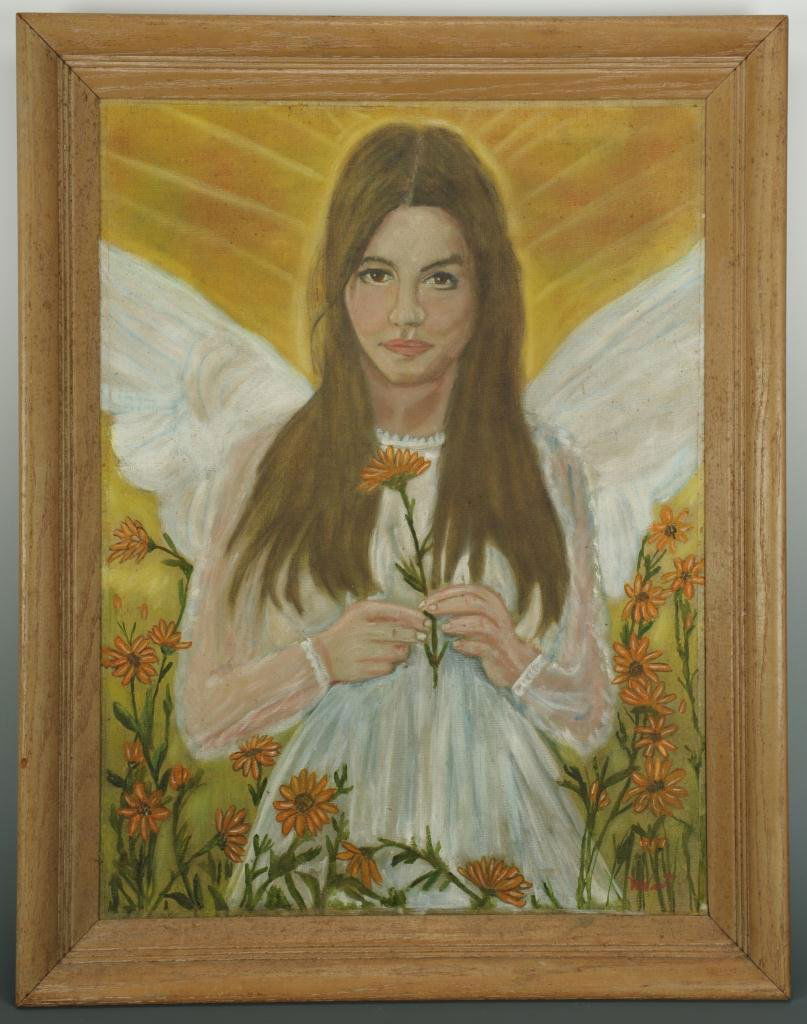 Folk Art Painting by Myrtice West: Myrtice West (Alabama, 1923-2010) folk art oil on board depicting her daughter Martha Jane as an angel with black eyed Susan's in her hand. Signed "MWest" lower right. Housed in a contemporary frame.