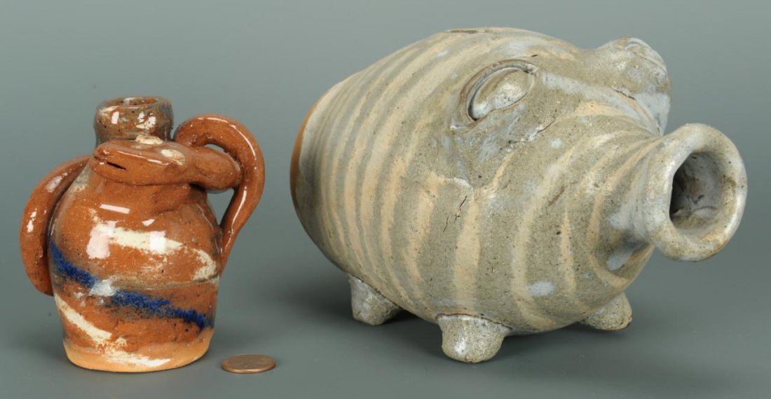 2 NC Folk Pottery Items by Burlon Craig: Two North Carolina folk pottery items by Burlon Craig. 1st item - Pig form pottery bank with swirled green glaze with white drips, stamped on base "B. B. Craig, Vale, NC". 4 1/4" H x 7" L x 4 1/2" W. 