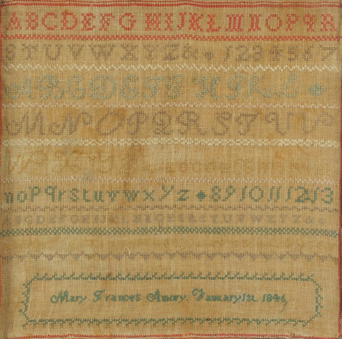 New England Sampler by Mary Francis Amory: New England school girl sampler by Mary Frances Amory dated January, 1st 1846 with eight rows of numbers and letters. Sight: 11" H x 8" W. Framed: 13 1/4" H x 13 1/2" W.