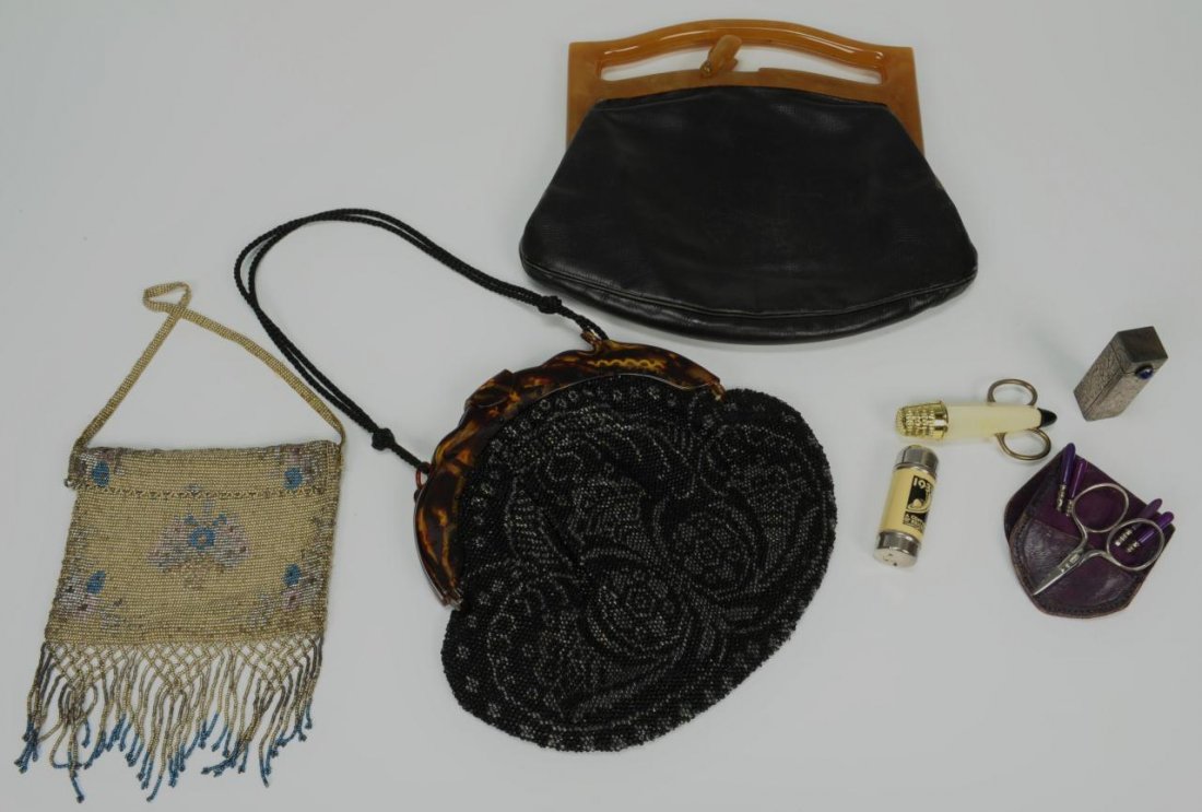3 Ladies Vintage Purses & Accessories: Grouping of three ladies vintage purses and accessories including one black leather purse with a bakelite handle (8 3/4" H x 9" W), one black mesh and beaded purse with Art Deco design and faux tortoi
