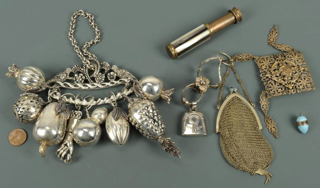 Lot of 4 vintage ladies items inc. chatelaines: Lot of vintage ladies items. 1st item: Chatelaine with assorted silverplated fruit charms and 1 arm charm attached to a pierced bird and flower frame. Charms approximately 1-2". 2nd item: Brass chatel