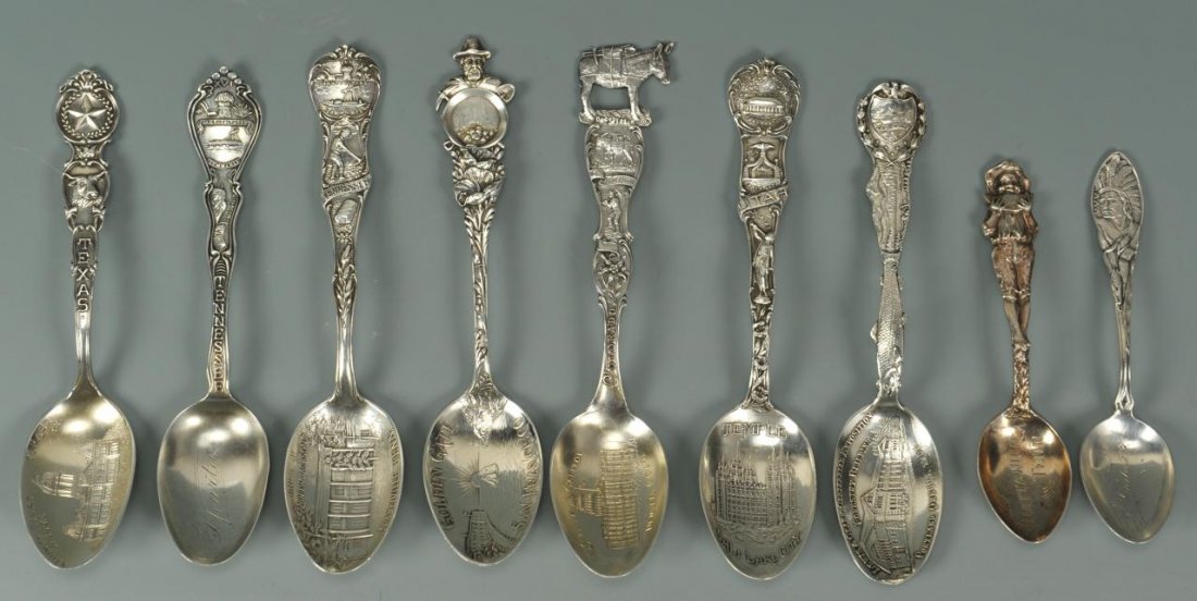9 Souvenir Spoons inc. Tenn. Watermelon: A collection of 9 sterling silver souvenir spoons circa 1905 including Western U.S. and Tennessee. 1st item: Chattanooga Tenn. handle cast as an African-American boy eating watermelon, marked Watson S