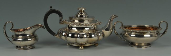 Old Sheffield Tea Service inc. Matthew Boulton: George IV period Old Sheffield silver plated tea service, comprising a sugar and creamer with double sunburst marks attributed to Matthew Boulton and an unmarked teapot. Creamer and sugar have gadroon