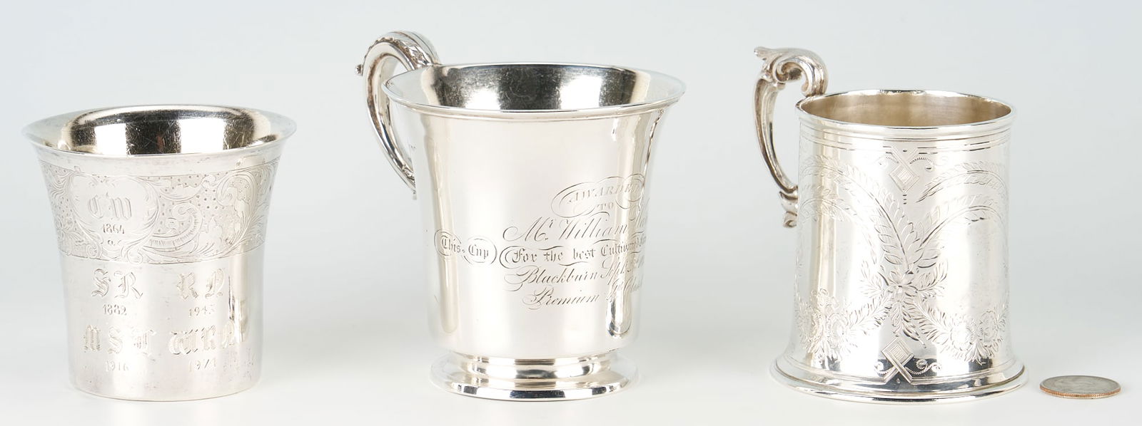 3 English Sterling Silver Agricultural presentation cups: Three (3) 19th century English Agricultural Premium Silver Cups, all with presentation inscriptions to Mr. William Ward. Includes inscriptions for "Best Three Year Old Colt - Premium 5 Class 6", 1840;