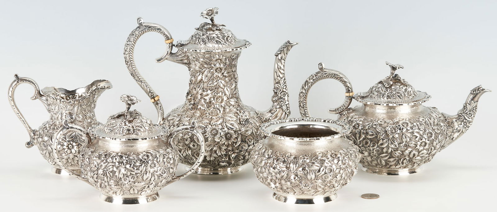 5-Piece Baltimore Repousse Sterling Silver Tea Set, c. 1900 (1 of 20)