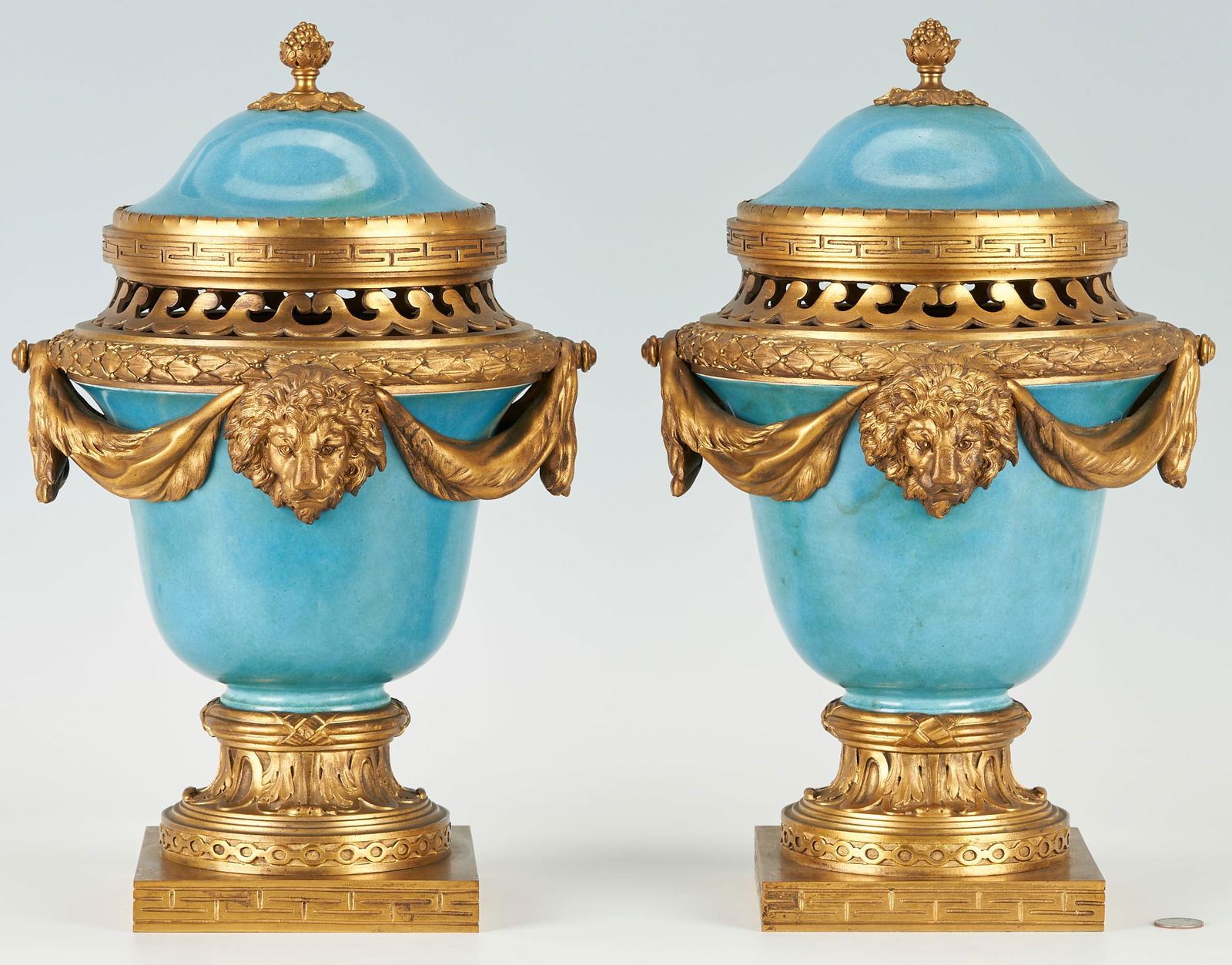 Pr. Sevres Style Blue Potpourri Urns, Neoclassical Bronze Mounts (1 of 16)