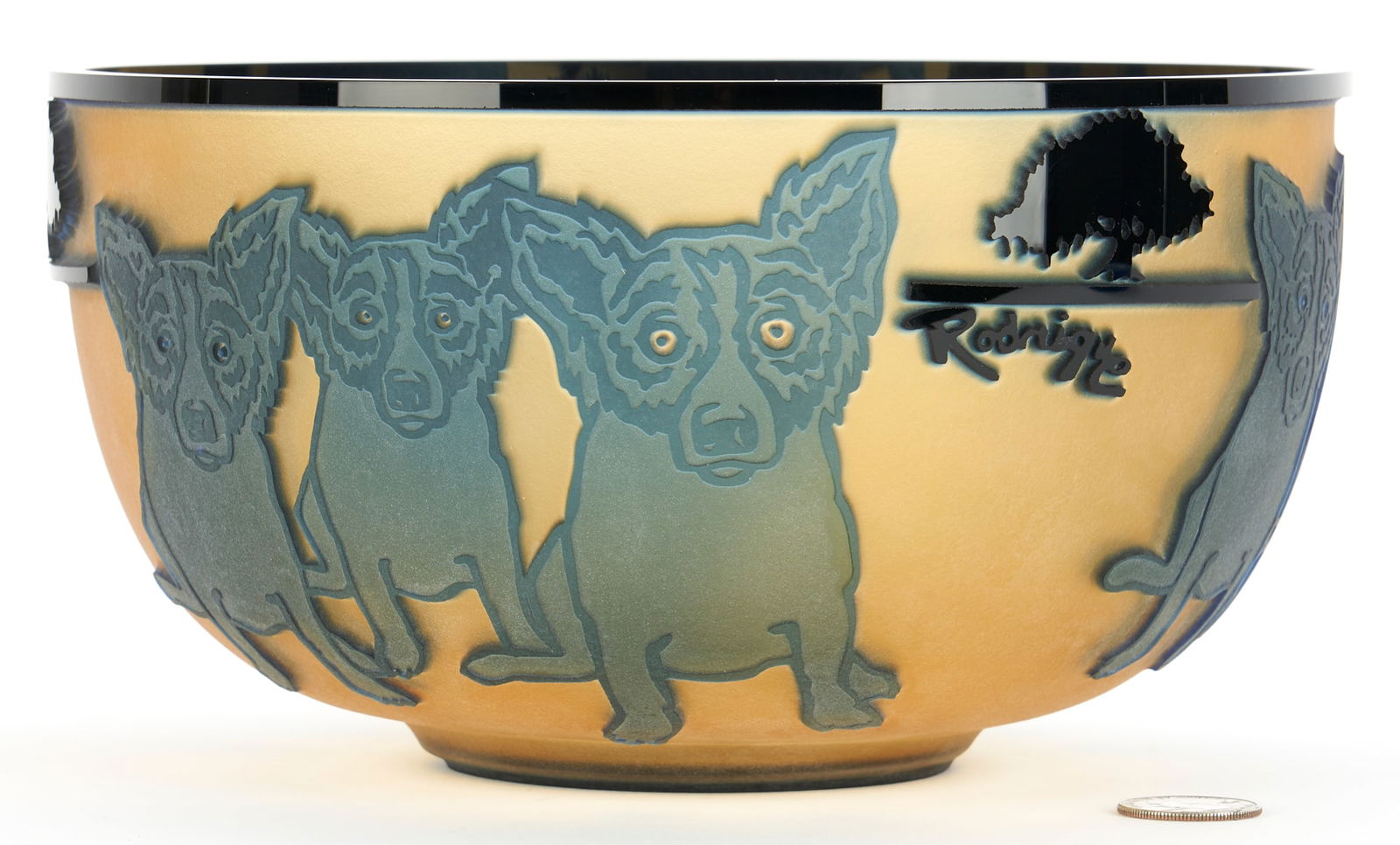 Rare George Rodrigue Cameo Glass Blue Dog Bowl (1 of 14)