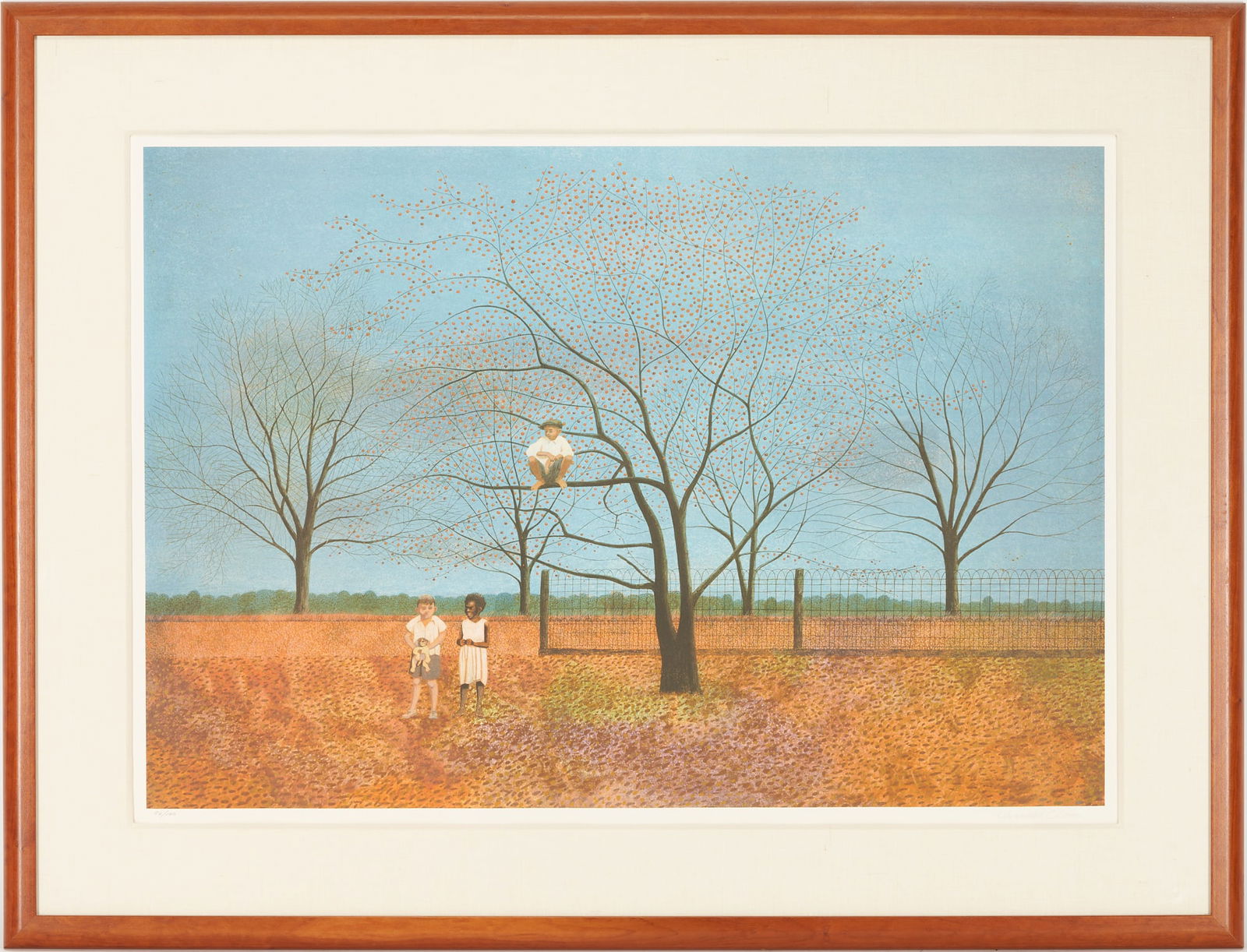 Carroll Cloar Lithograph, Controversy Under the Persimmon Tree: Carroll Cloar (American/Tennessee/Arkansas, 1913-1993) lithograph on Arches paper titled "Controversy Under the Persimmon Tree" and depicting a boy who holds a small dog and a girl, possibly Cloar's c