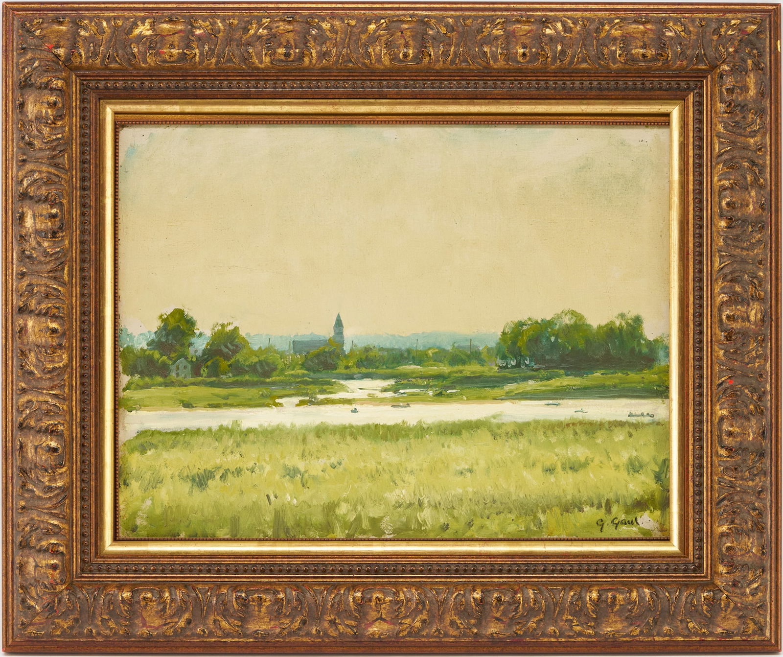 Gilbert Gaul Oil Painting, Country Landscape: Gilbert Gaul (New York/Tennessee/New Jersey, 1855-1919) oil on canvasboard landscape painting, depicting an open field with river in the foreground and a church with other buildings in the wooded back