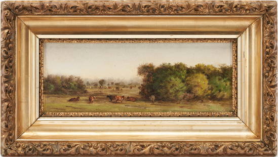 Thomas Campbell O/B Tennessee Landscape with Cows: Thomas Campbell (Tennessee, 1834-1914) oil on composition board East Tennessee landscape painting depicting a meadow with cattle grazing before small stands of green trees. Unsigned. Housed in an olde