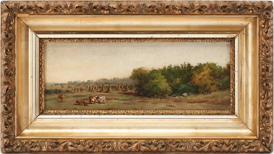 Thomas Campbell O/B Tennessee Landscape with Cows and Haystacks: Thomas Campbell (Tennessee, 1834-1914) oil on composition board East Tennessee landscape painting depicting cattle grazing in a meadow with a grove of trees and a split rail fence right foreground and