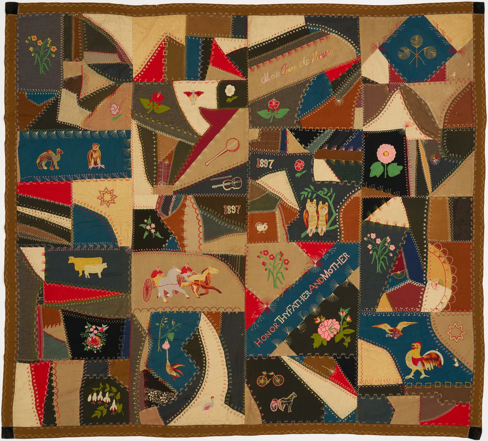 Crazy Quilt Dated 1897, Embroidered Animals & Flowers (1 of 13)