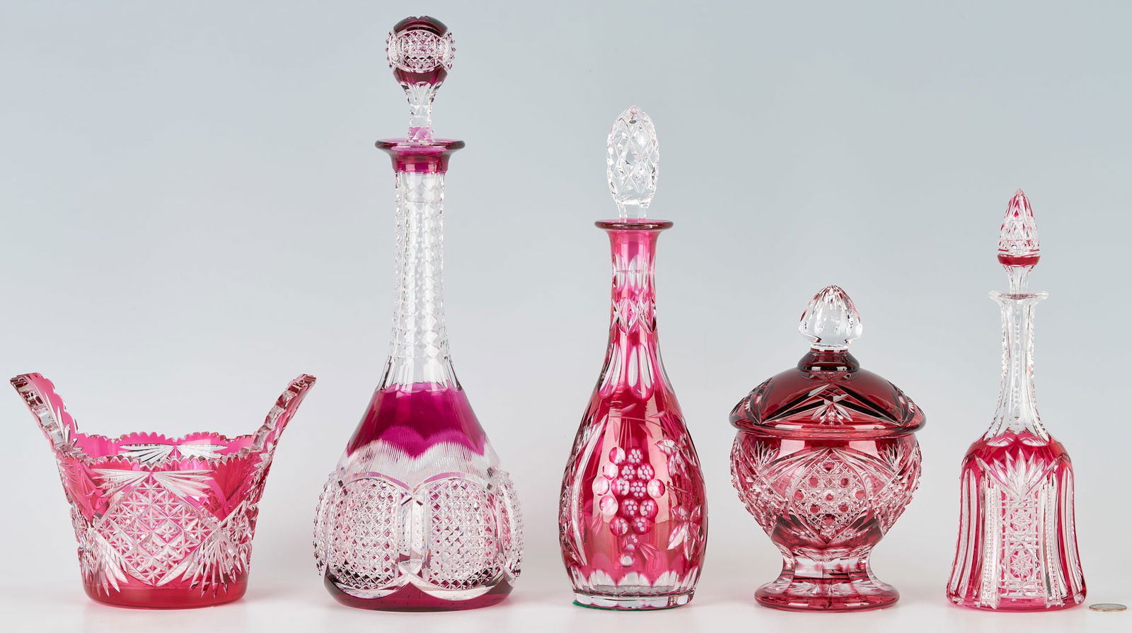 5 Cranberry Cut to Clear Glass items: Ice Tub, Decanters, Candy Dish (1 of 11)