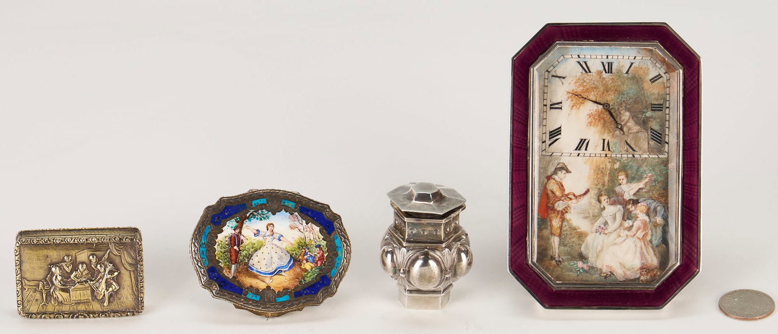 4 Small Silver items: Vinaigrette, Oil Lamp, Enameled Clock and Compact (1 of 20)
