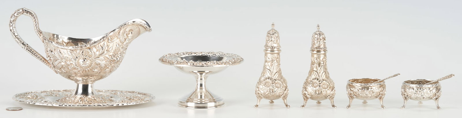 9 Kirk Sterling Repousse Table Items incl. Gravy Boat, Hand Decorated (1 of 12)