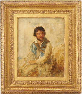 19th C. Oil Sketch of a Mountain Man: Manner of Alfred Jacob Miller (American, 1810-1874), ink and oil sketch on canvas depicting a mountain man, possibly a fur trader, seated with bag slung over his shoulder, against an indistinct and pa