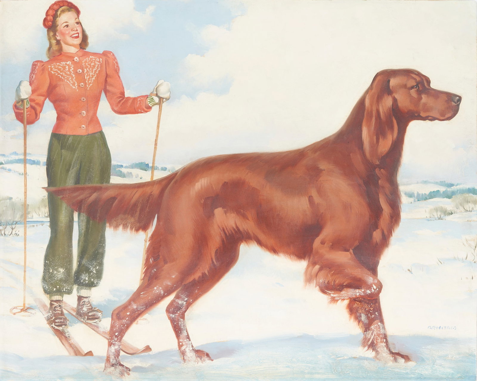Arnold Armitage Pinup Illustration Art O/B, Skier and Dog (1 of 14)
