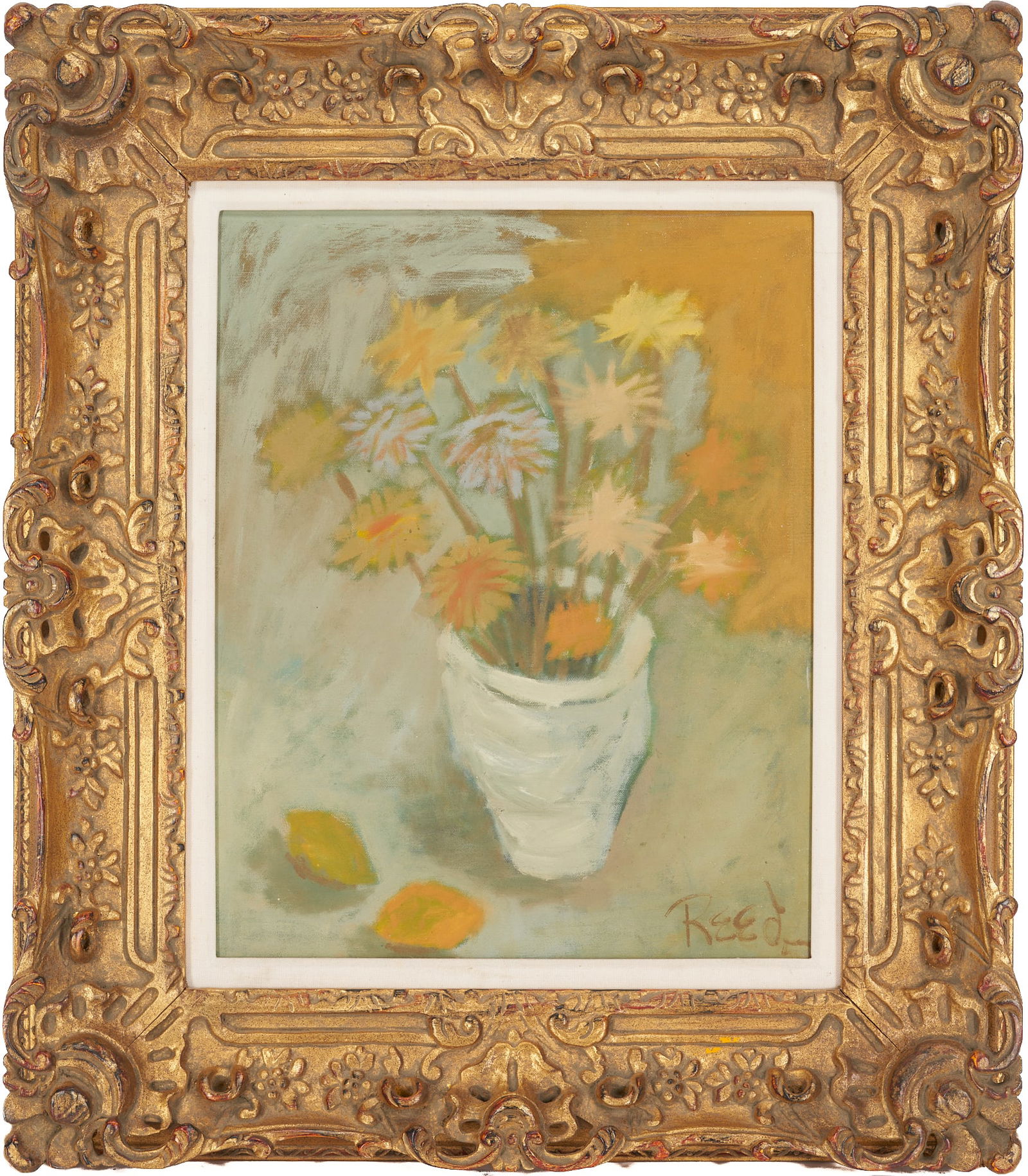 Veda Reed Oil on Canvas Still Life with Yellow Flowers: Veda Reed (American/Tennessee, b. 1934) oil on canvas still life painting depicting yellow flowers in a pot, atop an abstracted table top setting. Signed lower right corner, "Reed". Wide Rococo style