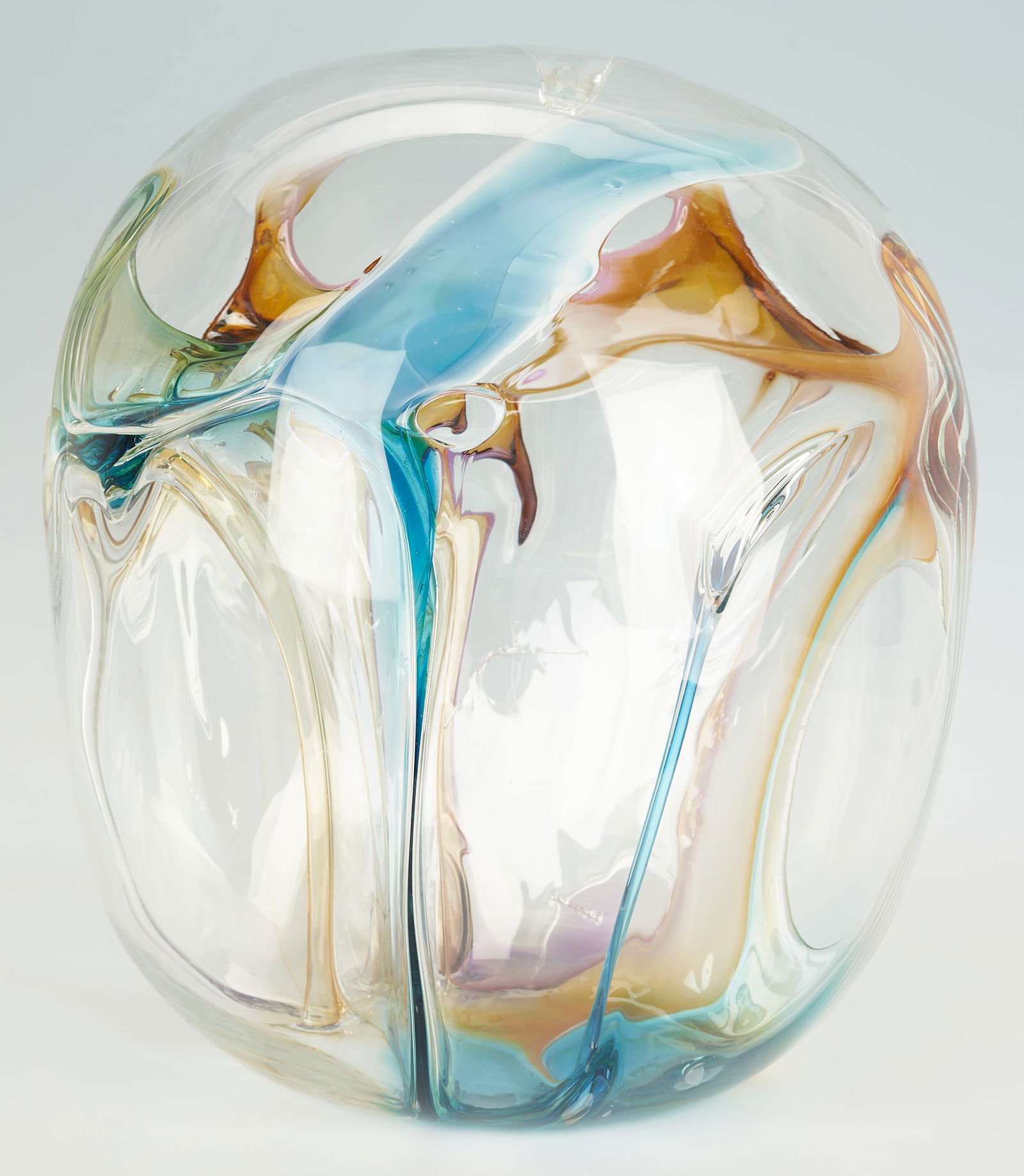 Peter Bramhall Globular Art Glass Sculpture: Peter Bramhall (American, b. 1949) hand blown studio art glass sculpture, large, spherical form with internal stem forms of blue, white, amber, and rose-lavender. Etched signature and date to undersid