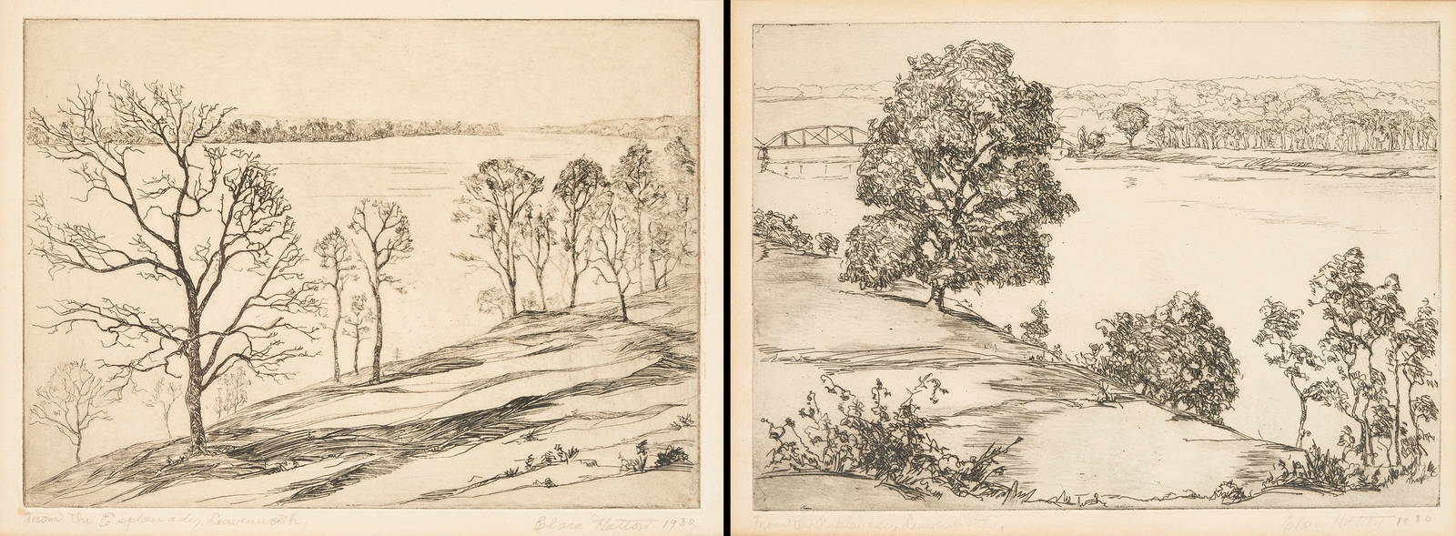 Pair Clara Hatton Landscape Etchings, Leavenworth, Ks Auction