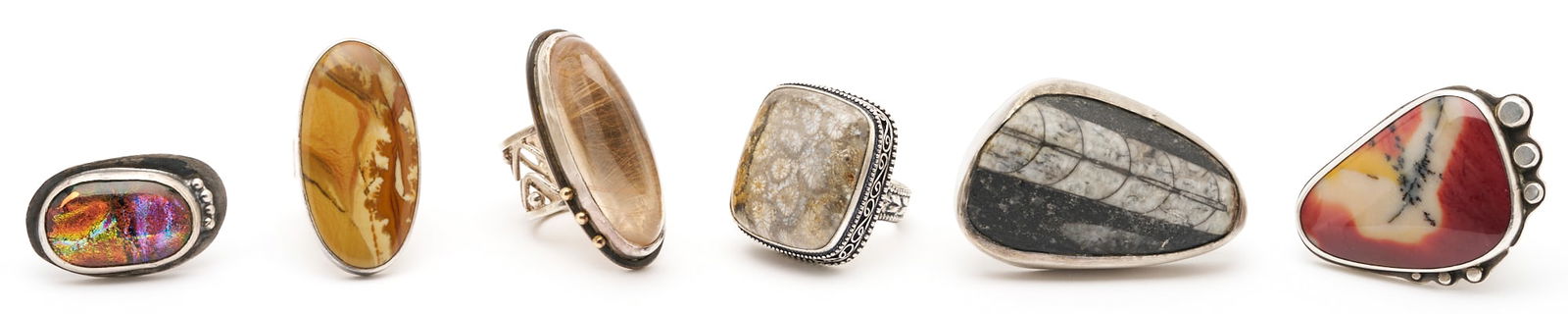 Group of 6 Silver Rings, incl. Fossils, Quartz (1 of 18)