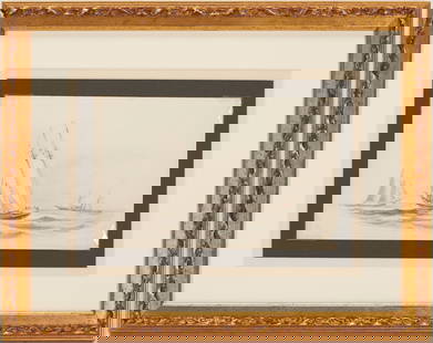 Xanthus Smith Drawing, Ships at Hampton Roads incl. Admiral DuPont, 1864: Xanthus Russell Smith (Pennsylvania, 1839-1929) graphite and colored pencil on paper post-Civil War drawing depicting a central schooner labeled "Schnr." flanked by two more distant vessels: a second,