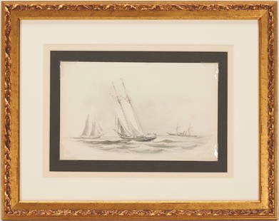 Xanthus Smith Drawing, Ships at Hampton Roads incl. Admiral DuPont, 1864: Xanthus Russell Smith (Pennsylvania, 1839-1929) graphite and colored pencil on paper post-Civil War drawing depicting a central schooner labeled "Schnr." flanked by two more distant vessels: a second,