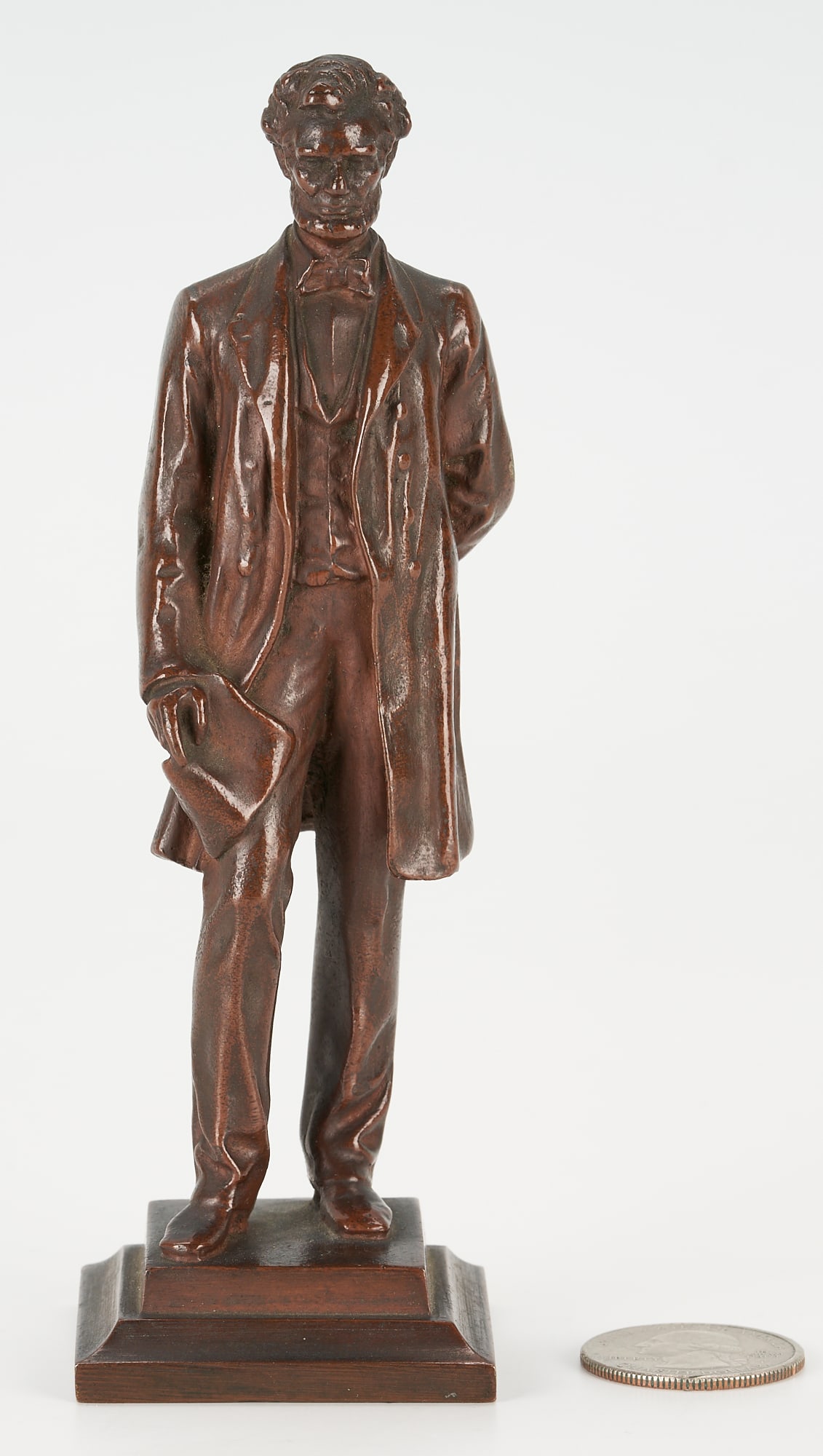 George E. Bissell Gorham Bronze sculpture of Abraham Lincoln, 5.5 in.: George Edwin Bissell (American, 1839-1920) small bronze sculpture by the Gorham Foundry depicting Abraham Lincoln, 16th President of the United States, standing and holding a copy of the Emancipation