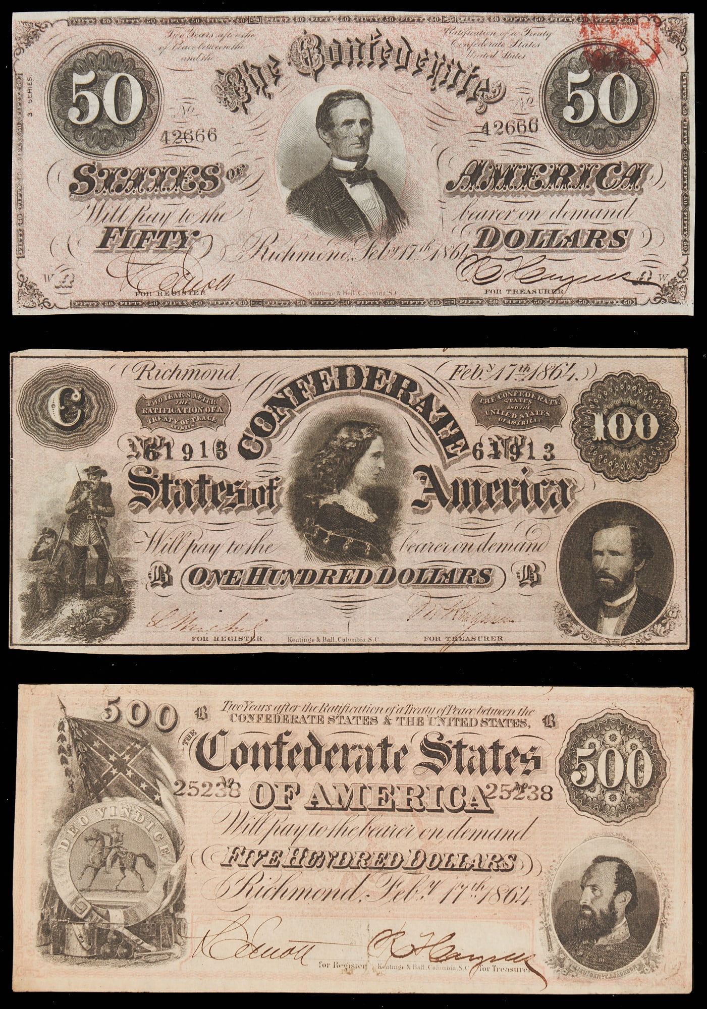 3 Confederate States Obsolete Currency Notes, $500, $100 & $50 (1 of 7)