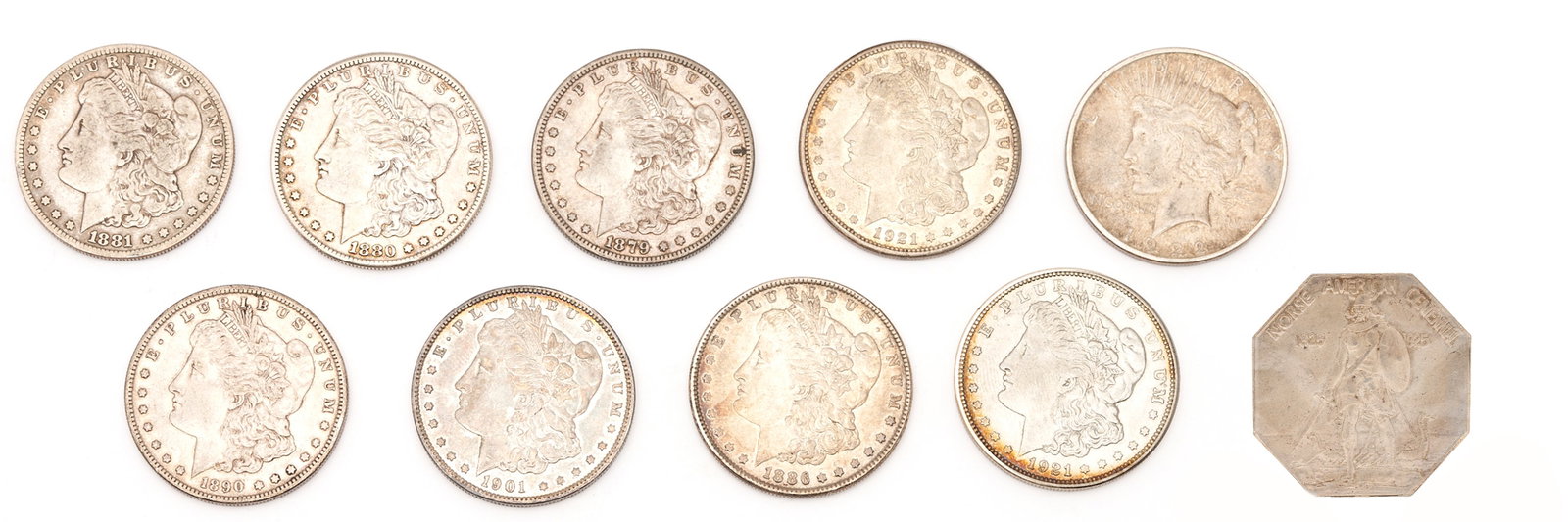 Group of 8 US Morgans, 1 Peace Silver Dollar, & 1925 Norse American Medal (1 of 14)