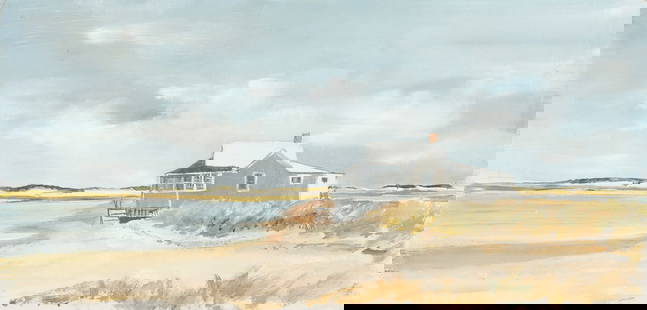 Anne Packard O/B Coastal Landscape: Anne Packard (American, b. 1933) oil on board coastal landscape painting, likely a Cape Cod / Provincetown scene, depicting a seaside house situated on sandy dunes, under a sky filled with gathering g