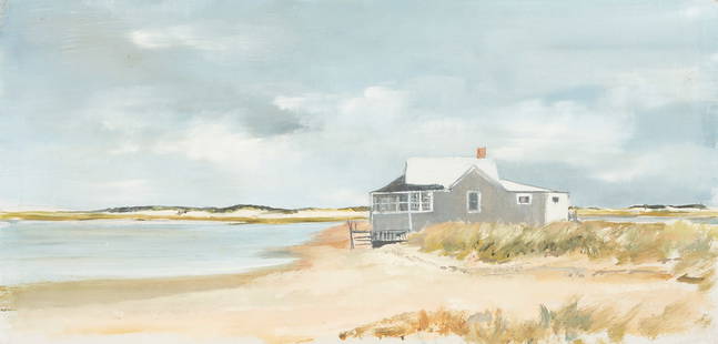 Anne Packard O/B Coastal Landscape: Anne Packard (American, b. 1933) oil on board coastal landscape painting, likely a Cape Cod / Provincetown scene, depicting a seaside house situated on sandy dunes, under a sky filled with gathering g