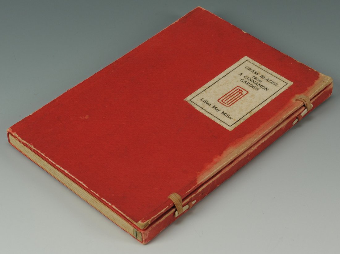 Grass Blades from a Cinnamon Garden by Lilian M. Mi: Book titled "Grass Blades from a Cinnamon Garden" by Lilian Mae Miller, published 1927 by The Japan Advertiser, Tokyo. Contains 88 hand bound pages of poems and four (4) color woodcuts bearing the art