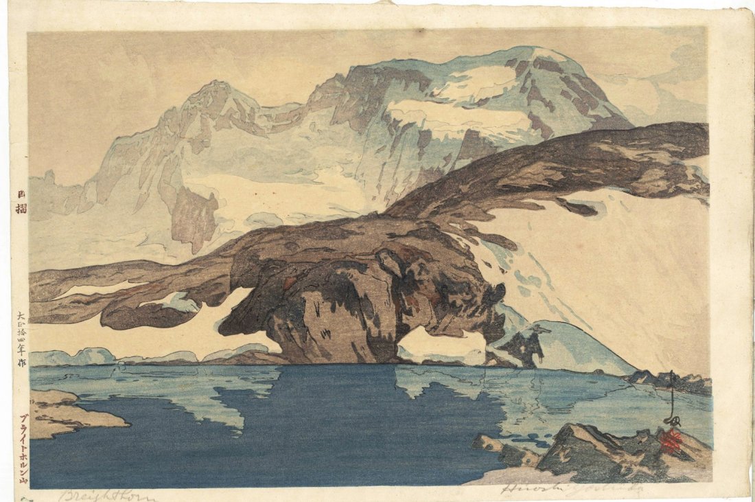 Yoshida Hiroshi woodblock, "Breithorn": Yoshida Hiroshi (1876-1950), Japanese woodblock from the Europe series, titled "Breithorn", depicting the snow capped mountains of Mt. Breithorn (located in the Swiss Alps) and its waters below. Brigh