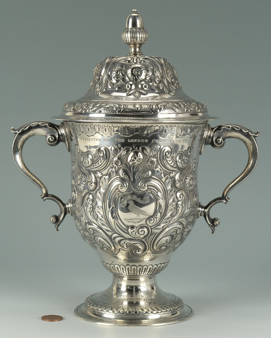 T.D. Rice "Jim Crow" Silver Presentation Cup: George III sterling silver two handled cup and cover with gilded interior and London date marks for 1765, maker's mark IS or TS, engraved with 1837 inscription: Presented by The London Crow Club to T.