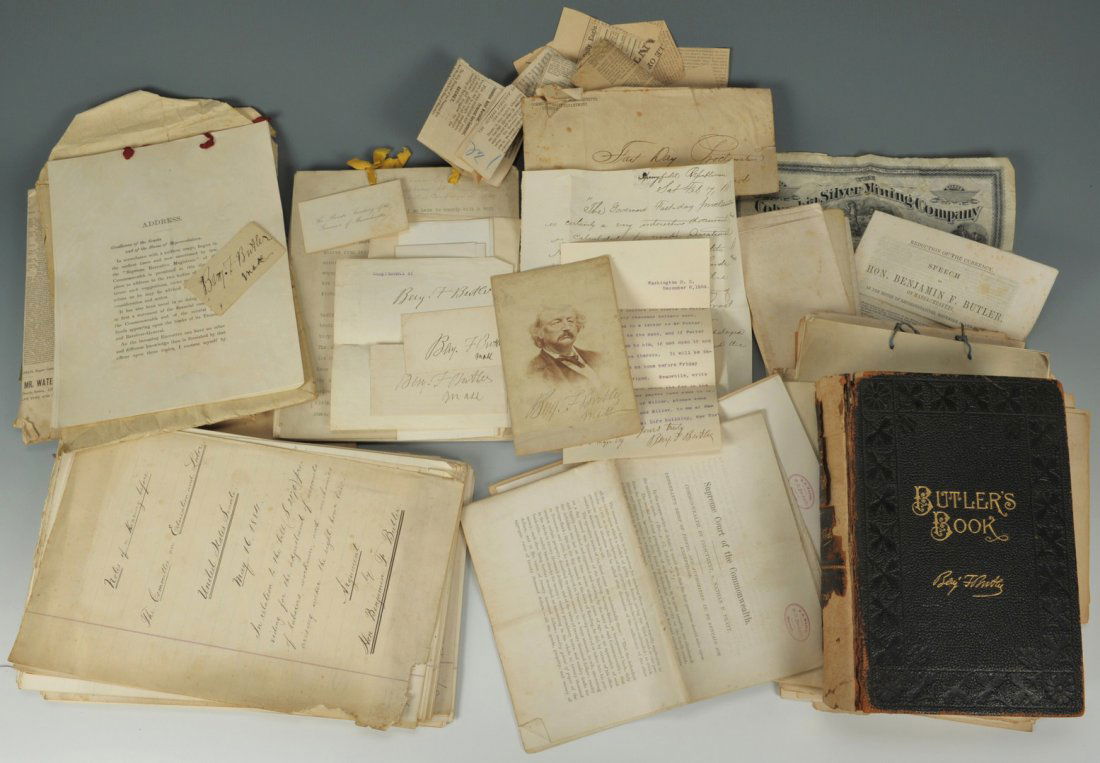 Lot of Gen. Benjamin Butler Governor Related Docume: Large lot of Gen. Benjamin Butler Governor related documents including a Butler signed photograph, twenty-nine (29) various newspaper articles related to Butler, two (2) speeches written while governo