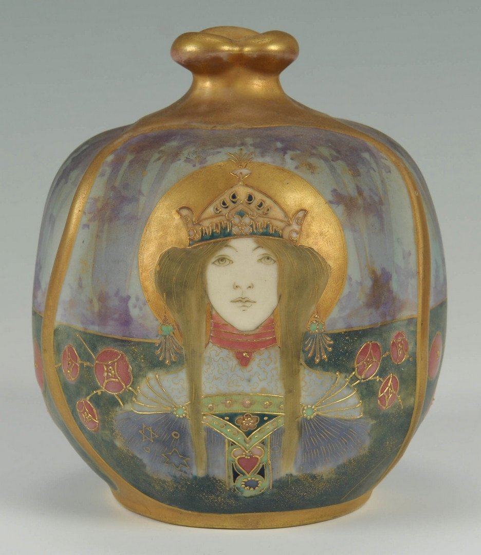 Riessner, Stellmacher & Kessel Amphora Vase: Riessner, Stellmacher & Kessel glazed and enameled Amphora vase with detailed portrait of a woman against a landscape and floral design ground. Nicely shaped Art Nouveau form with raised gilded highli