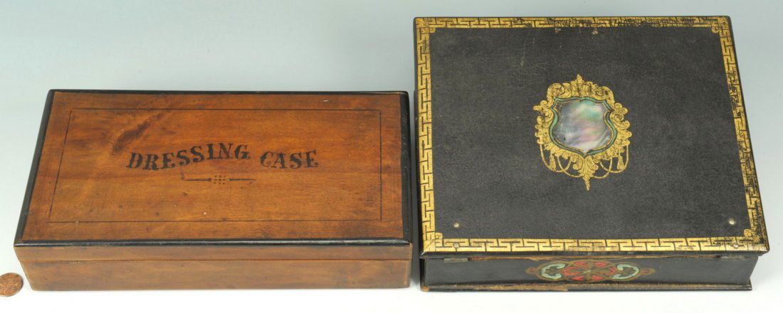 Dressing Case & Victorian Lap Desk: Grouping of two decorative boxes. Item 1: Mahogany dressing case with stenciled ink decoration, fitted interior, and a drop down mirror. 3 3/8" H x 10 1/2" W x 5 1/2" D. American, circa 1900. Item 2: